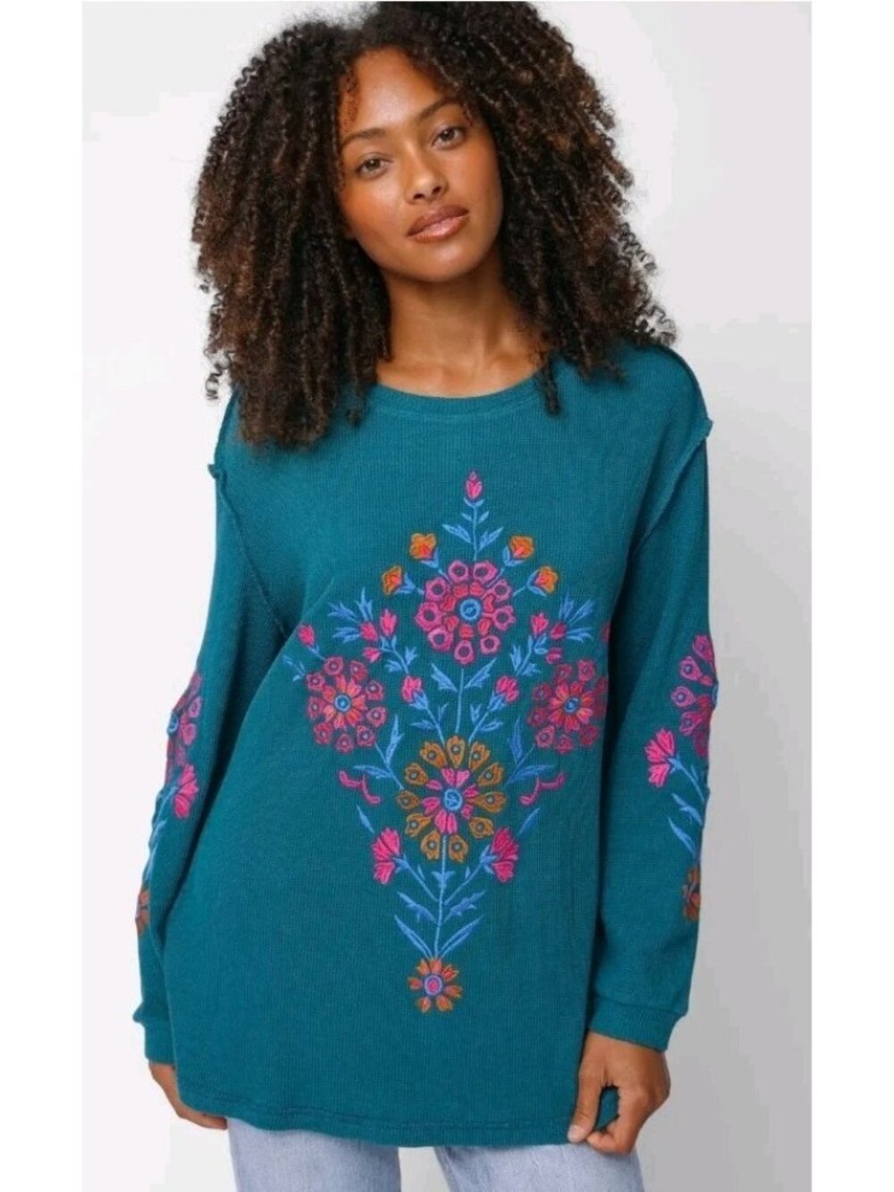 Natural Life Aida Embroidered Waffle Knit Thermal Small/ Med Teal Pink Oversized